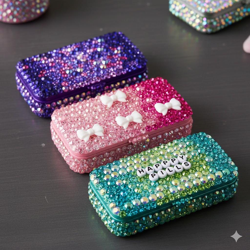 Bedazzled Pill Box | Rhinestone Travel Pill Case | Cute Sparkly Medicine Holder | "Happy Pills" & "Pills Baby" Organizer | Gift for Her