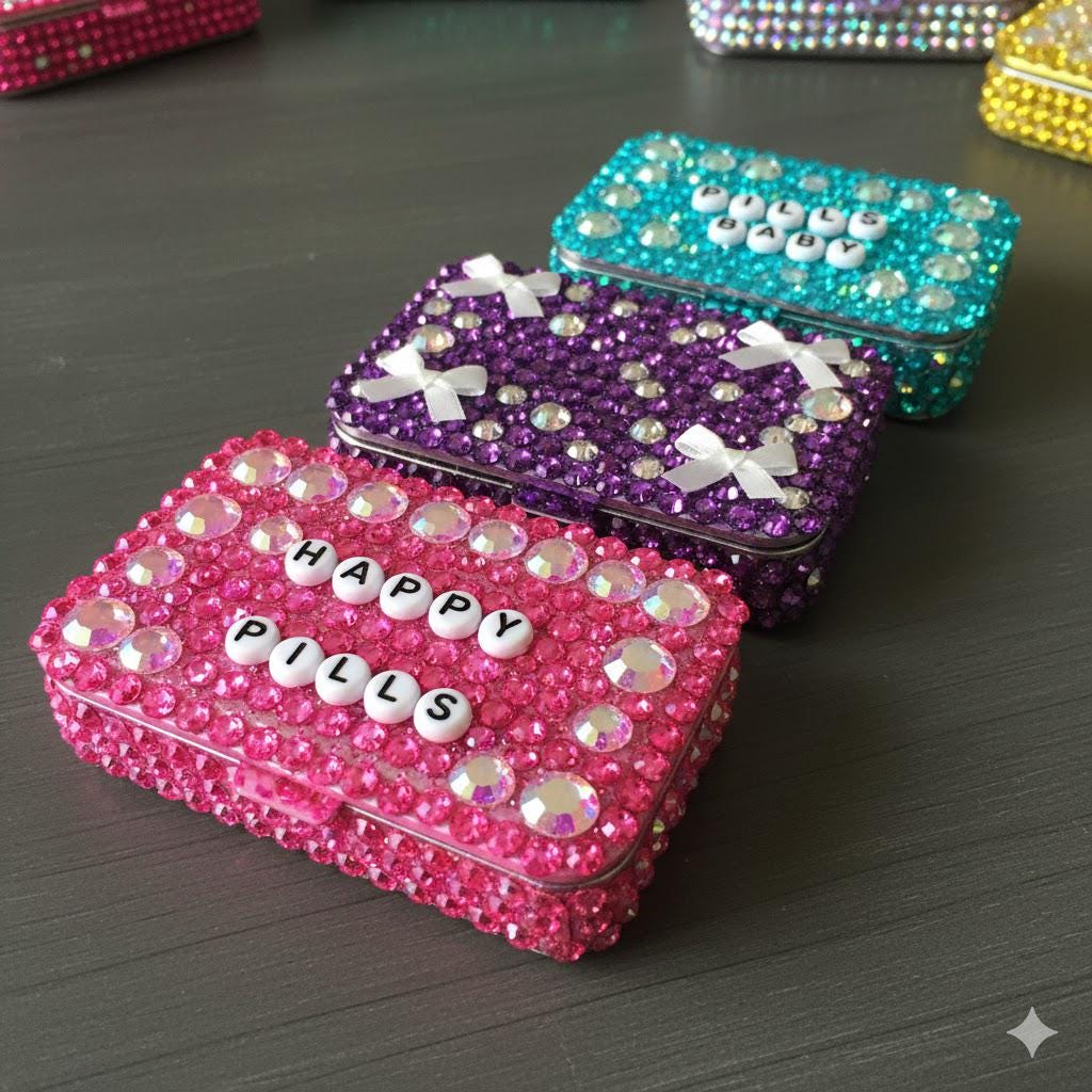 Bedazzled Pill Box | Rhinestone Travel Pill Case | Cute Sparkly Medicine Holder | "Happy Pills" & "Pills Baby"  Organizer | Gift for Her