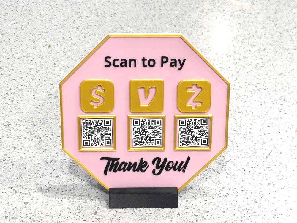 Custom QR Code Scan to Pay Sign, Multiple Payment Options Stand, Pink and Gold Countertop Display for Venmo, Cash App, Zelle