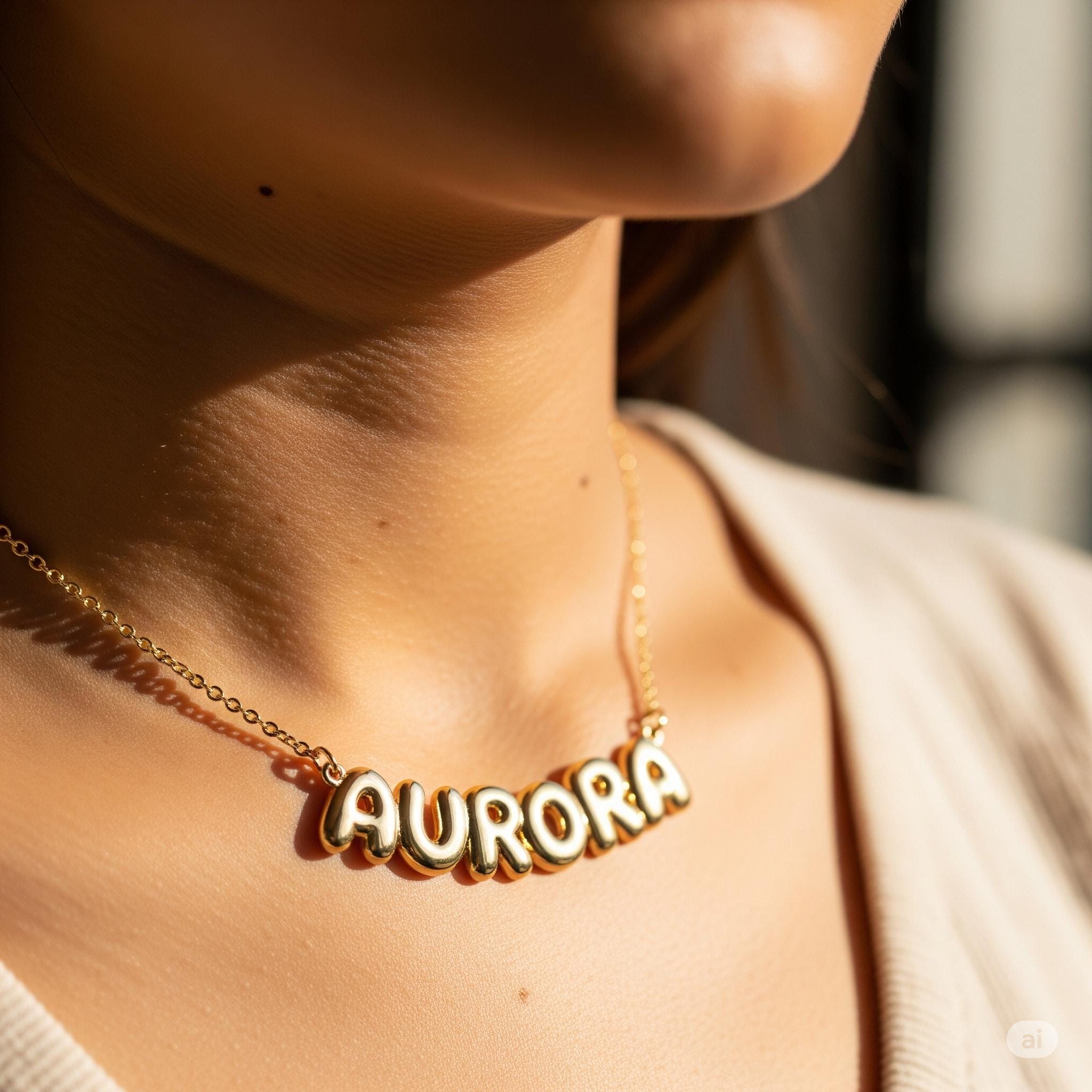 Gold Bubble Letter Name Necklace, Personalized Balloon Font