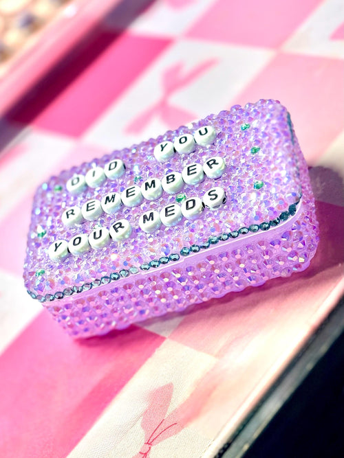 Bedazzled Pill Box | Rhinestone Travel Pill Case | Cute Sparkly Medicine Holder | "Happy Pills" & "Pills Baby"  Organizer | Gift for Her