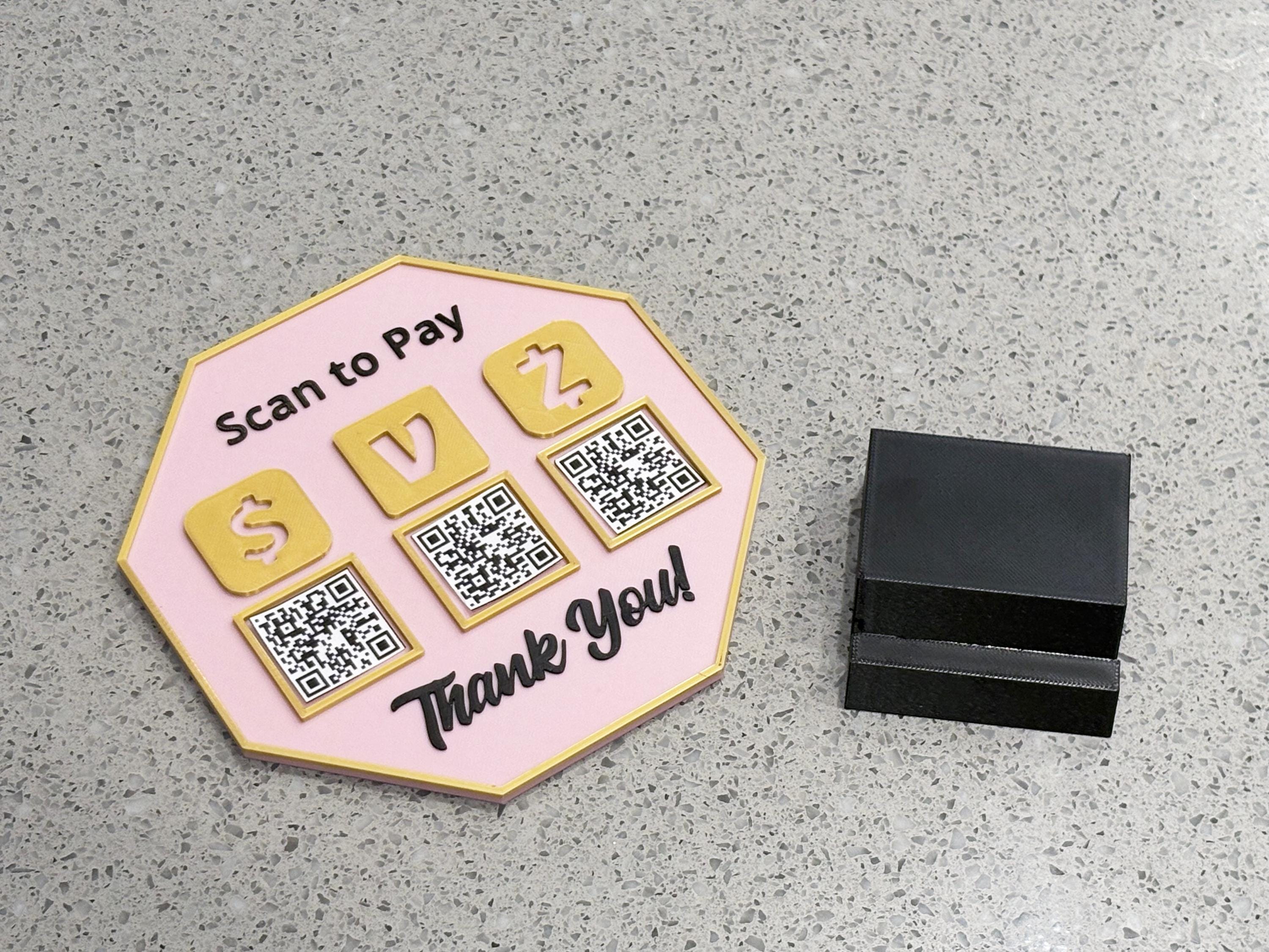 Custom QR Code Scan to Pay Sign, Multiple Payment Options Stand, Pink and Gold Countertop Display for Venmo, Cash App, Zelle