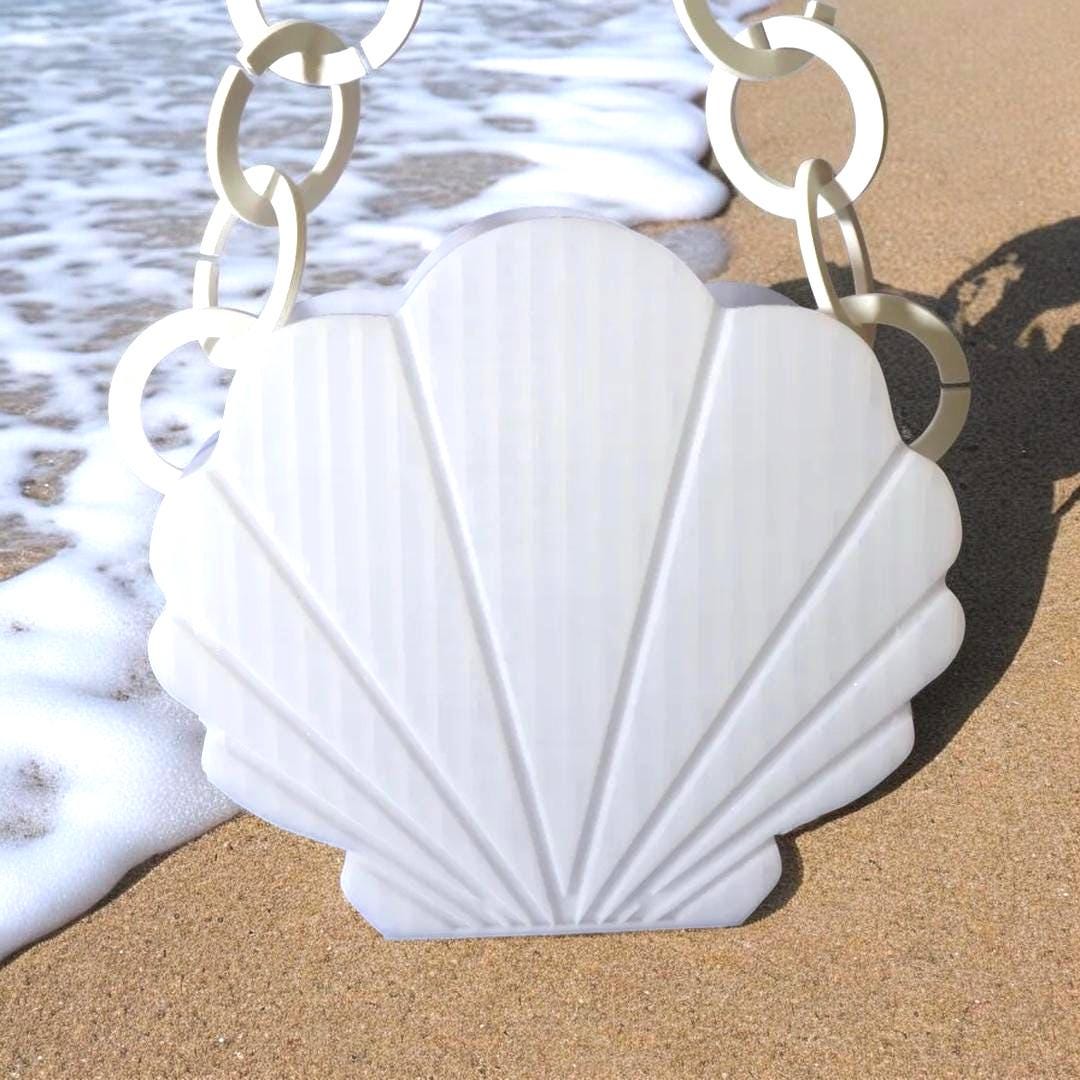 Viral Sensation! Handcrafted 3D Printed Pearl White Clamshell Shoulder Bag with Chunky Chain Handle - Aesthetic Mermaidcore Crossbody