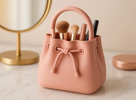 Coquette Makeup Brush Holder | Travel Case Mini Bucket Bag Cosmetic Organizer | Dustproof Beauty Tool Pouch with Handle