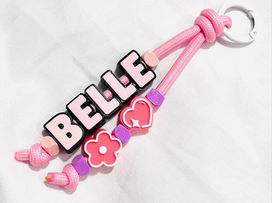 Custom Name Bag Charm with Whistle and Clicker | Personalized Pink Bow Soda Can Opener Keychain | Cute Beaded Backpack Accessory Gift