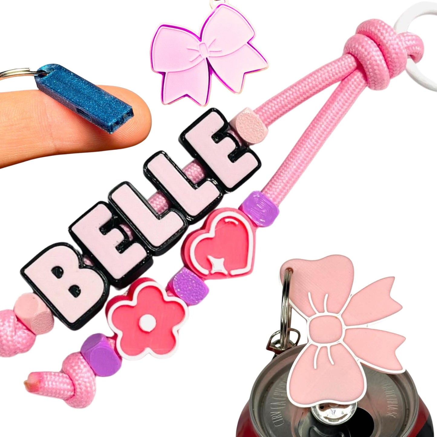 Custom Name Bag Charm with Whistle and Clicker | Personalized Pink Bow Soda Can Opener Keychain | Cute Beaded Backpack Accessory Gift