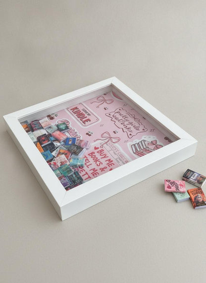 8x8 Inch Book Lover Shadow Box, Customizable TBR Display, 50 Mini Books and Sticker Covers DIY