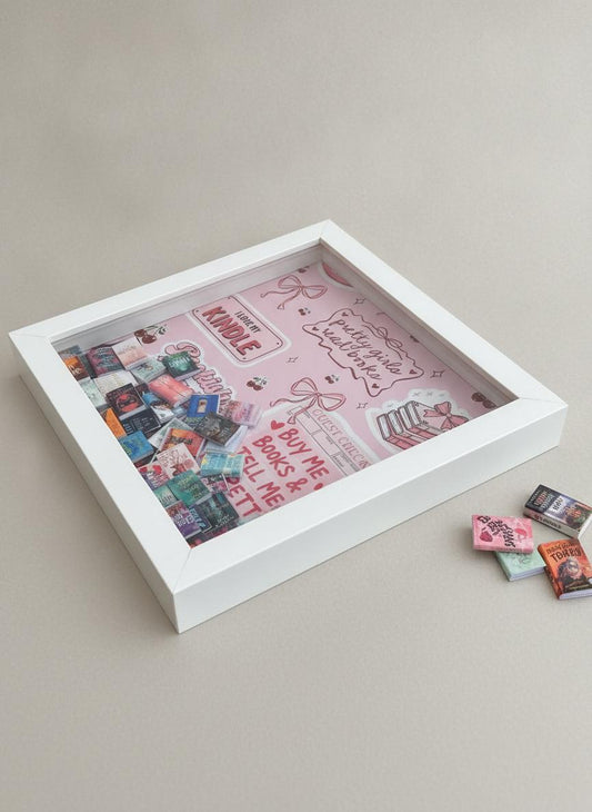 8x8 Inch Book Lover Shadow Box, Customizable TBR Display, 50 Mini Books and Sticker Covers DIY