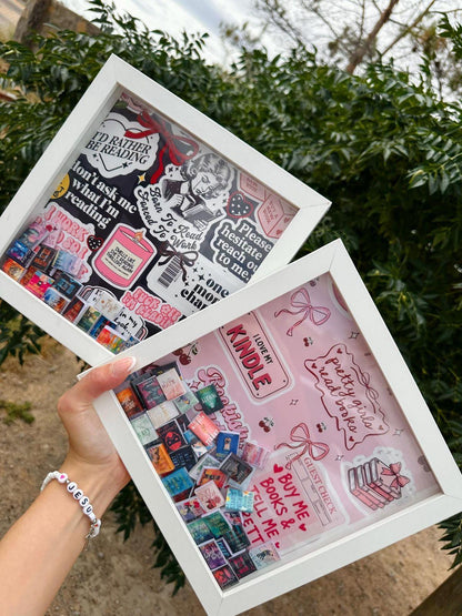 8x8 Inch Book Lover Shadow Box, Customizable TBR Display, 50 Mini Books and Sticker Covers DIY