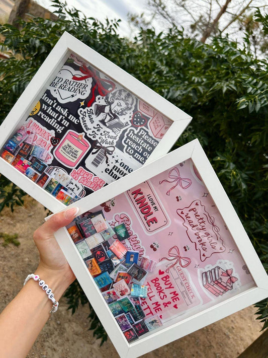 8x8 Inch Book Lover Shadow Box, Customizable TBR Display, 50 Mini Books and Sticker Covers DIY