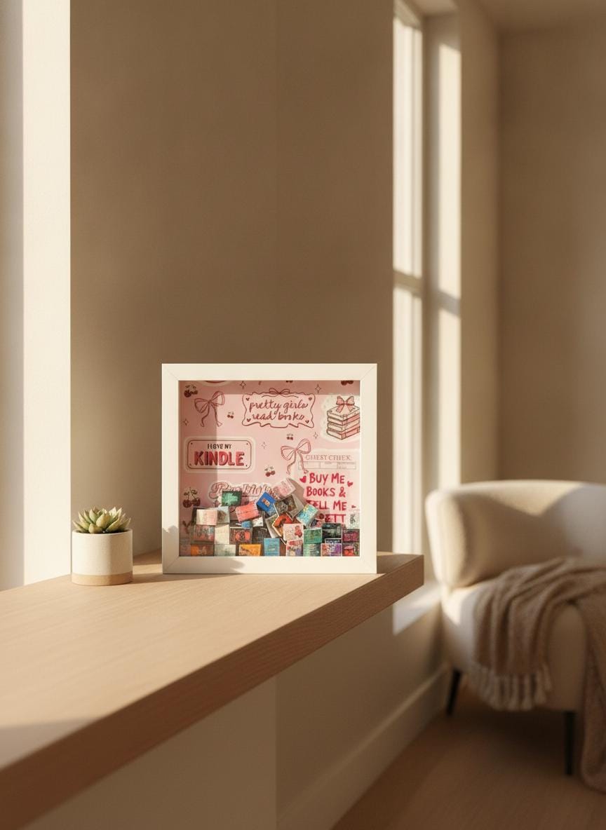 8x8 Inch Book Lover Shadow Box, Customizable TBR Display, 50 Mini Books and Sticker Covers DIY